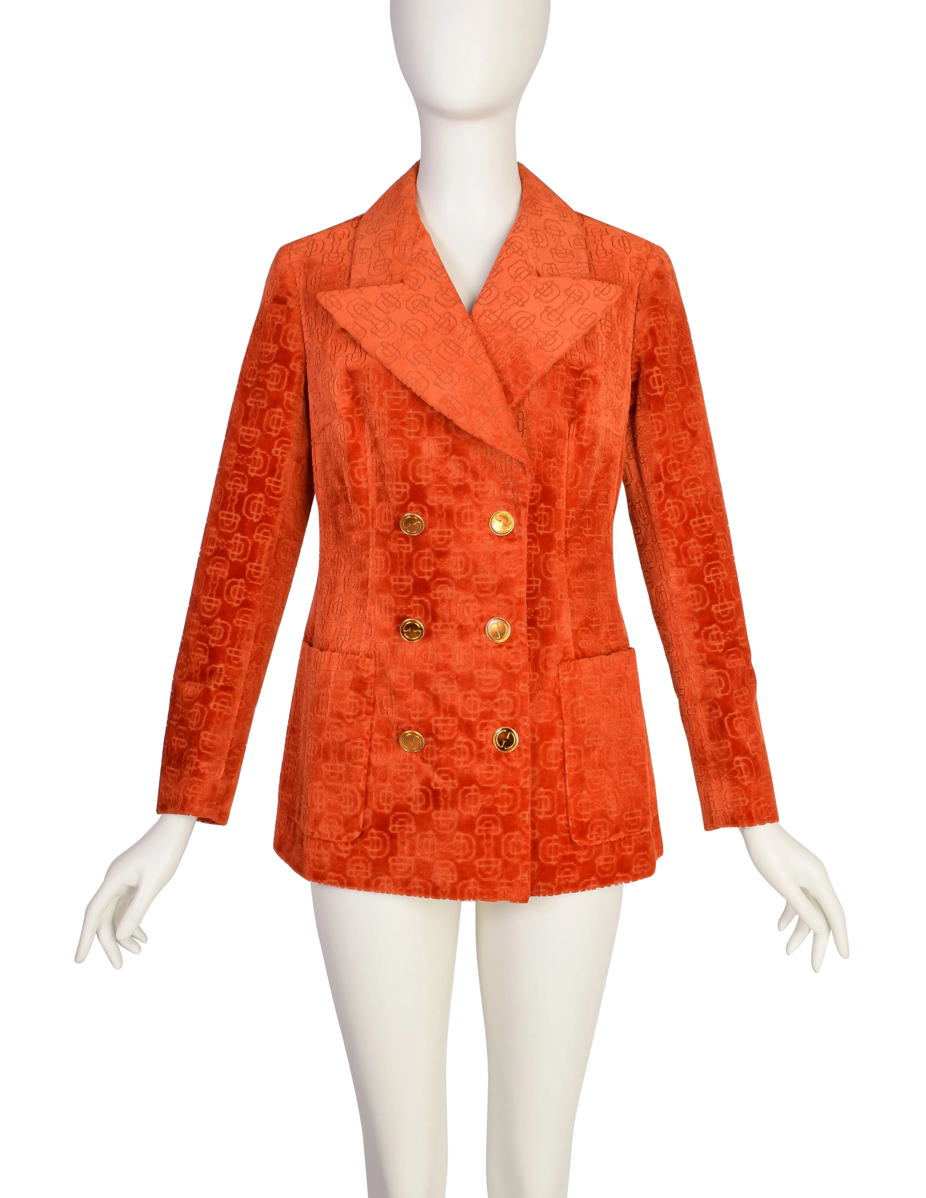 Gucci Vintage 1970s Orange Horsebit Velvet Jacquard Double Breasted Blazer Jacket