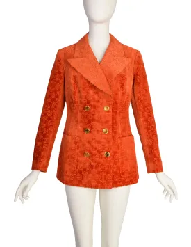 Gucci Vintage 1970s Orange Horsebit Velvet Jacquard Double Breasted Blazer Jacket