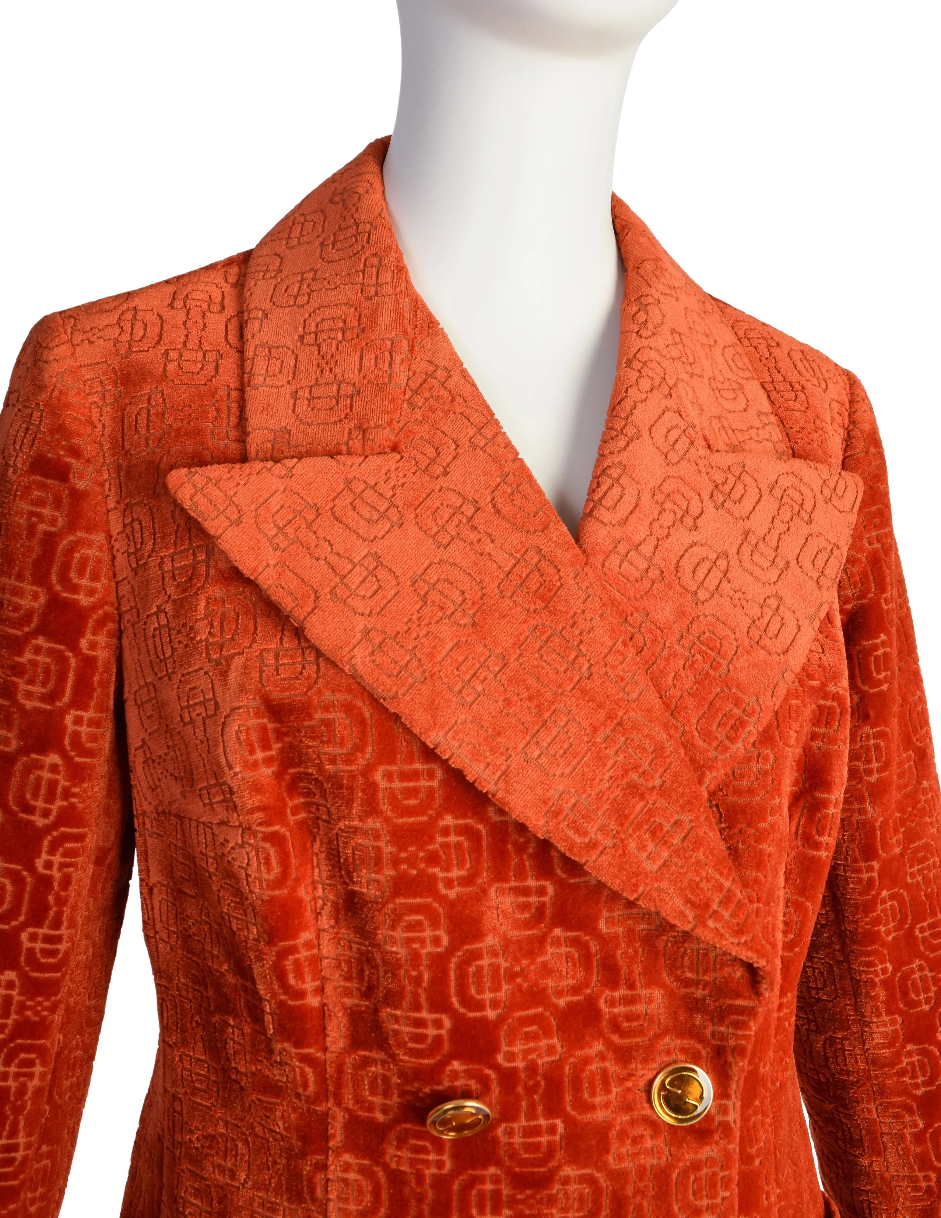 Gucci Vintage 1970s Orange Horsebit Velvet Jacquard Double Breasted Blazer Jacket