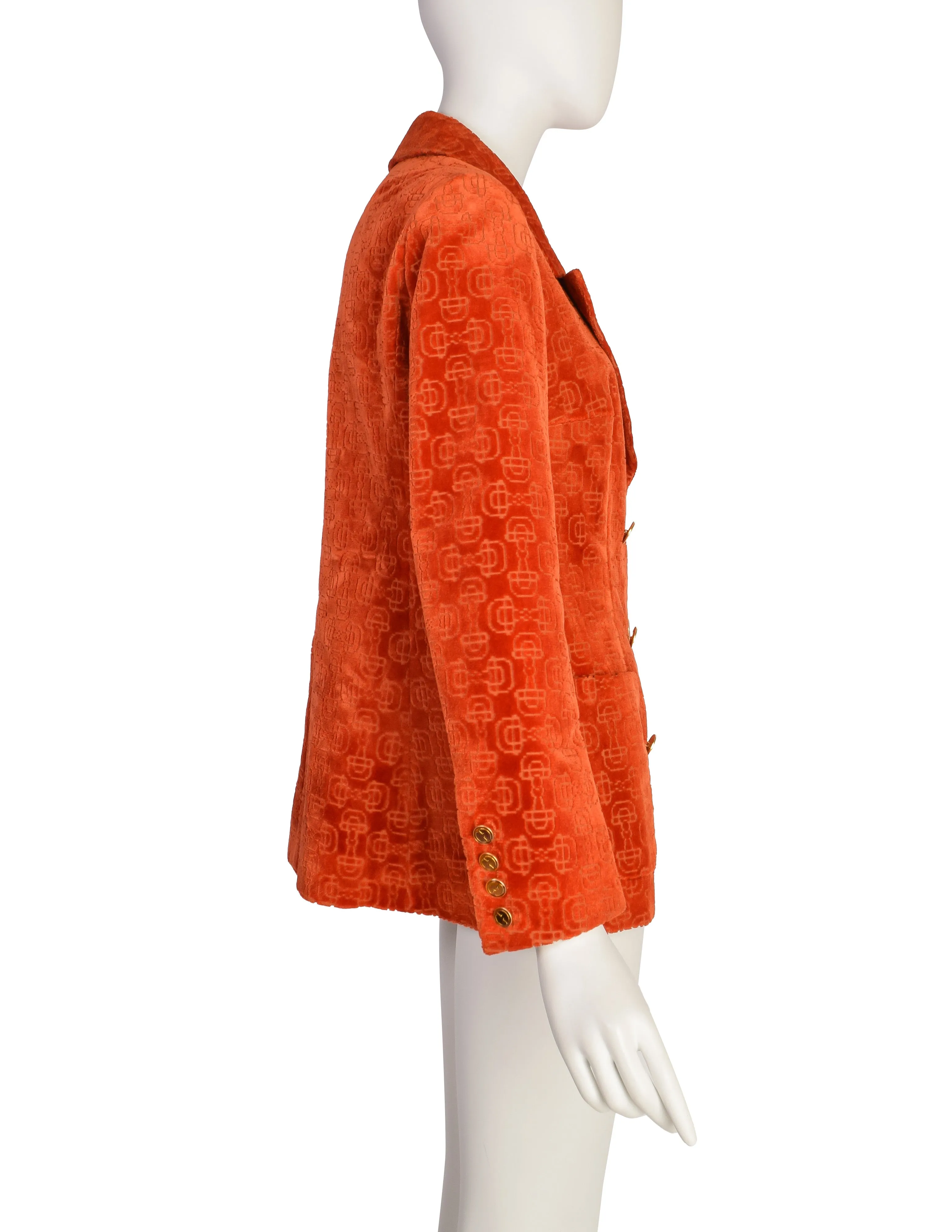 Gucci Vintage 1970s Orange Horsebit Velvet Jacquard Double Breasted Blazer Jacket
