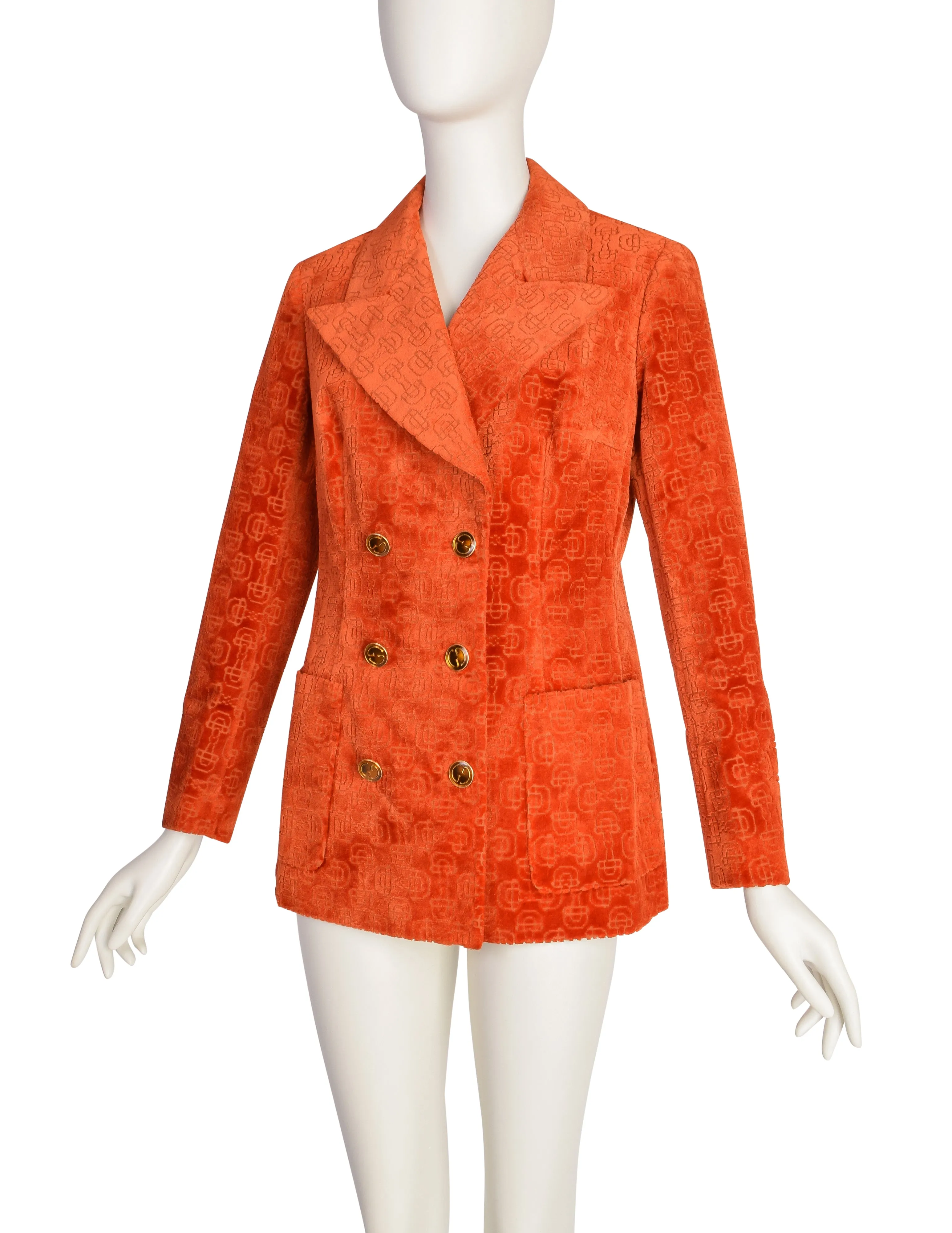 Gucci Vintage 1970s Orange Horsebit Velvet Jacquard Double Breasted Blazer Jacket