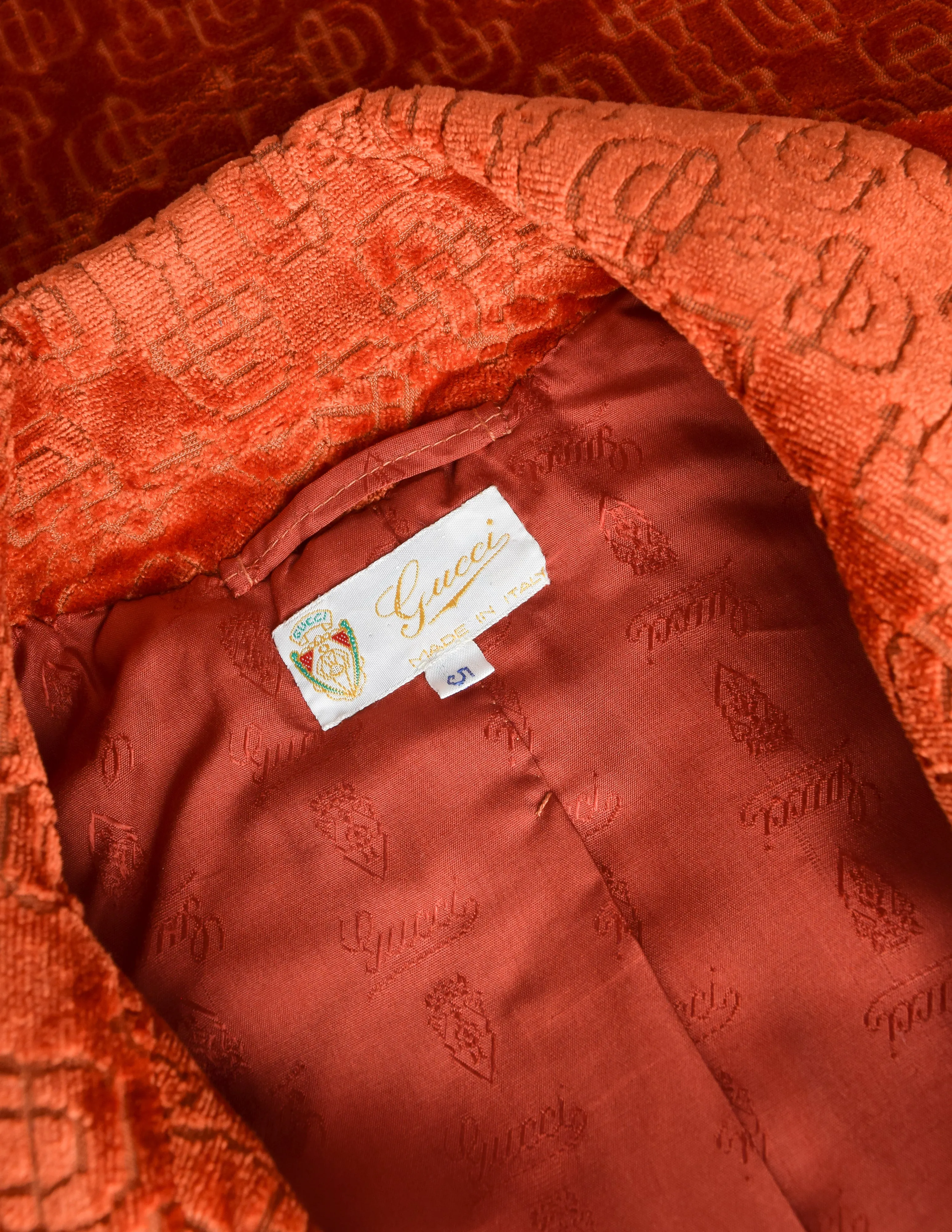 Gucci Vintage 1970s Orange Horsebit Velvet Jacquard Double Breasted Blazer Jacket