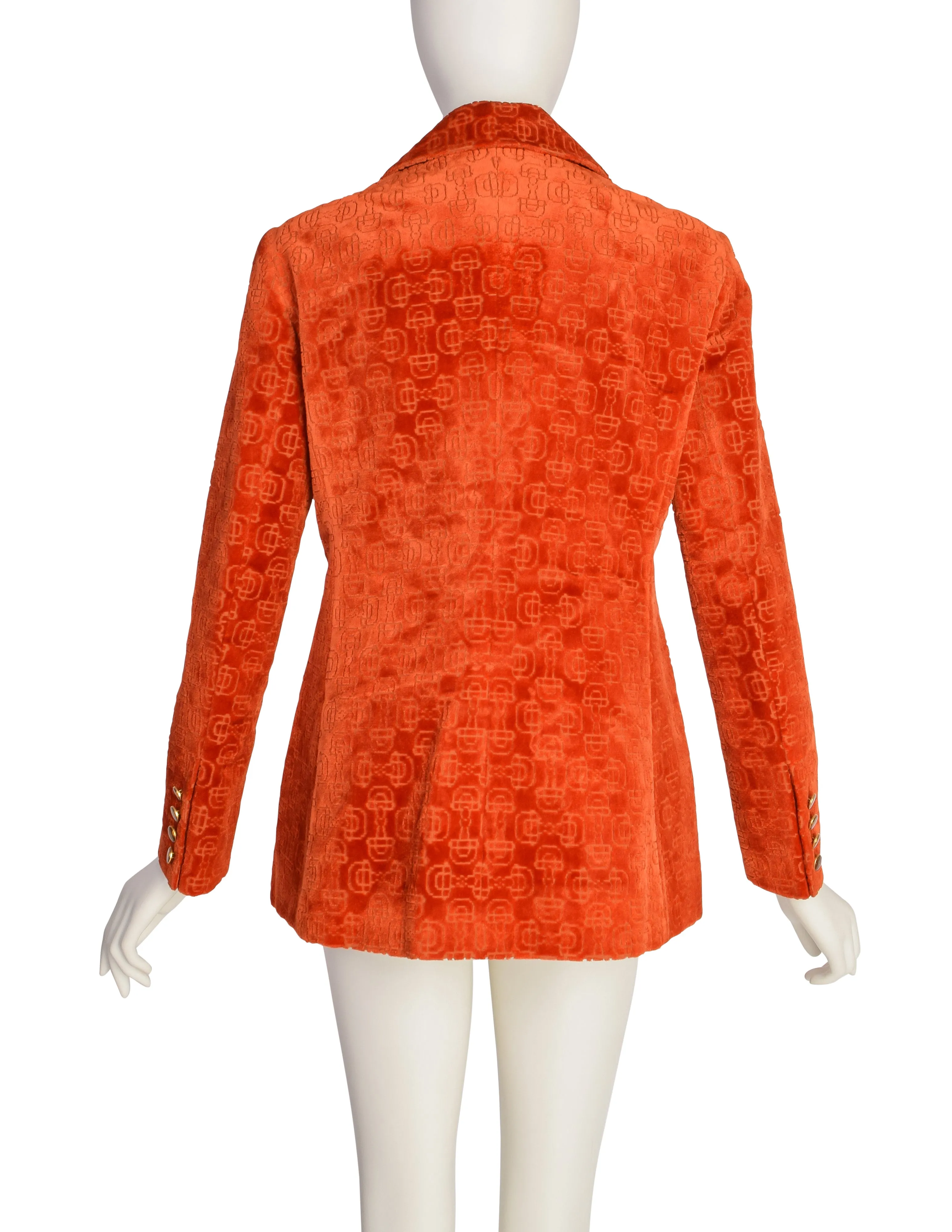 Gucci Vintage 1970s Orange Horsebit Velvet Jacquard Double Breasted Blazer Jacket