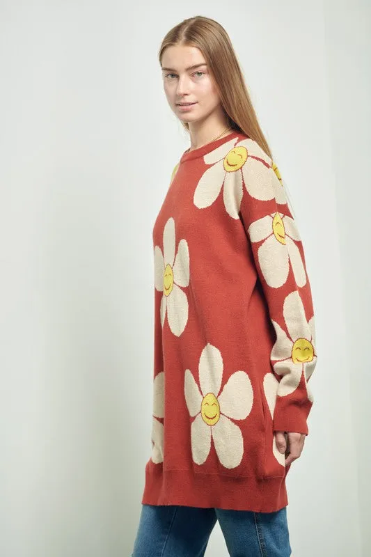 Happy Face Knit Loose Fit Flower Sweater