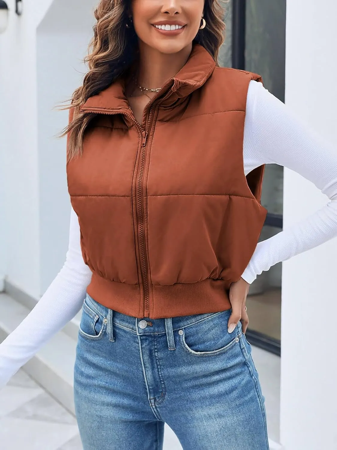 Imily Bela Womens Cropped Puffer Vest Stand Collar Sleeveless Zip Up Padded Gilet