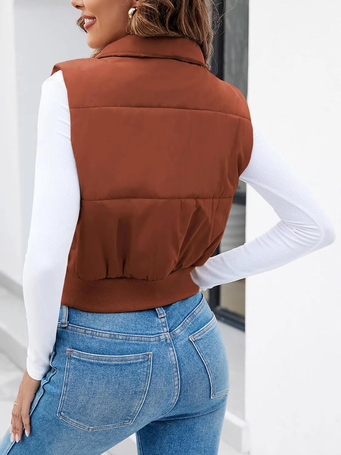 Imily Bela Womens Cropped Puffer Vest Stand Collar Sleeveless Zip Up Padded Gilet