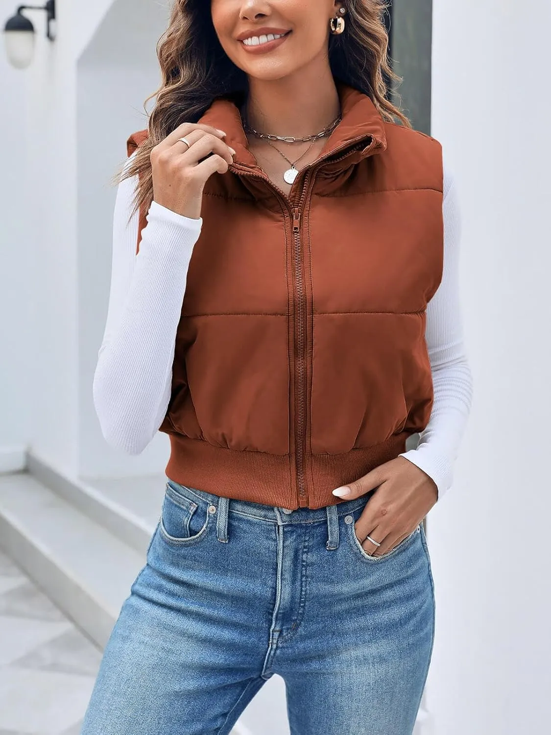 Imily Bela Womens Cropped Puffer Vest Stand Collar Sleeveless Zip Up Padded Gilet