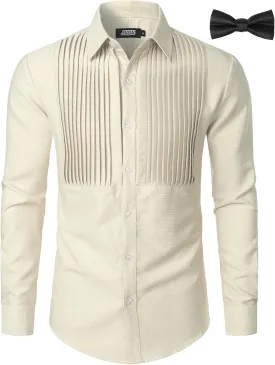 JOGAL Men's Tuxedo Shirt Pleated Dress Shirts with Bow Tie for Party Wedding