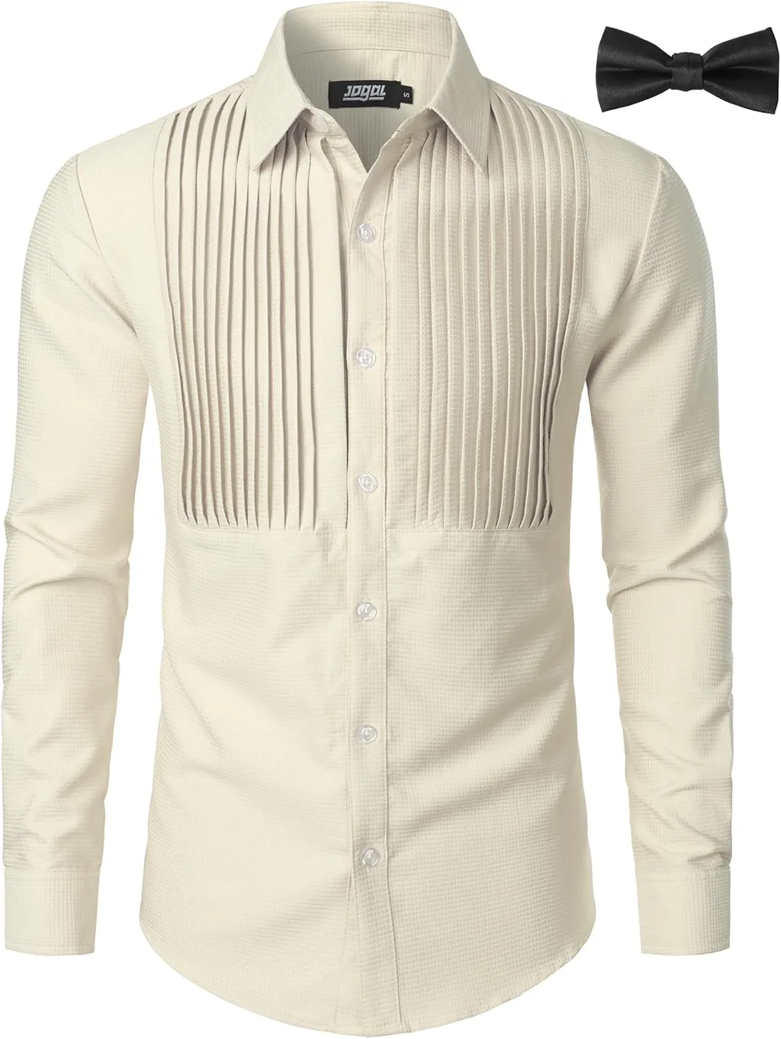JOGAL Men's Tuxedo Shirt Pleated Dress Shirts with Bow Tie for Party Wedding