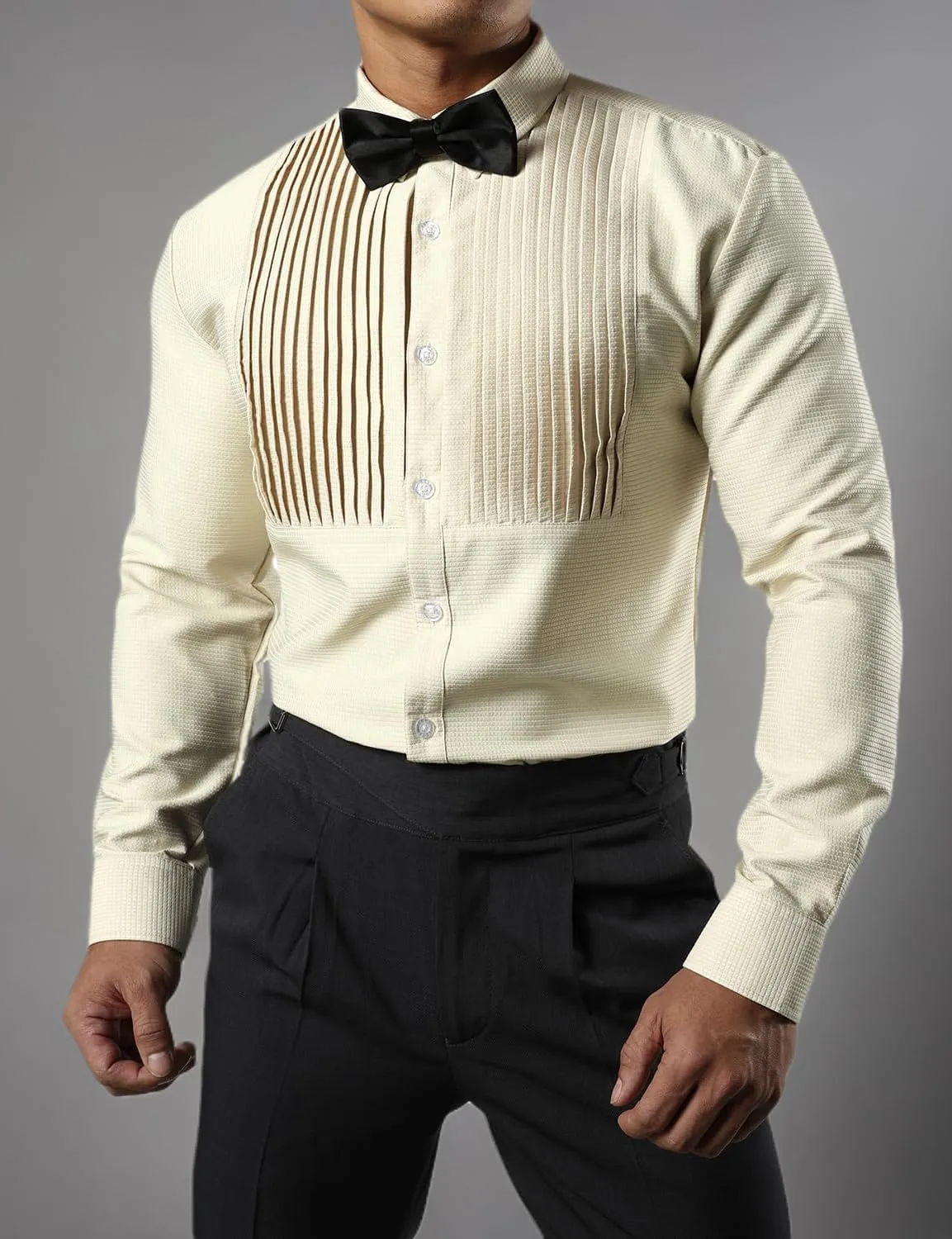 JOGAL Men's Tuxedo Shirt Pleated Dress Shirts with Bow Tie for Party Wedding
