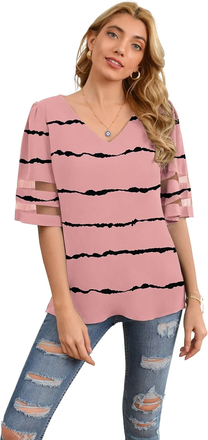 Jouica Women's V Neck Chiffon Blouse Mesh Panel Blouse 3/4 Bell Sleeve Loose Top Shirt