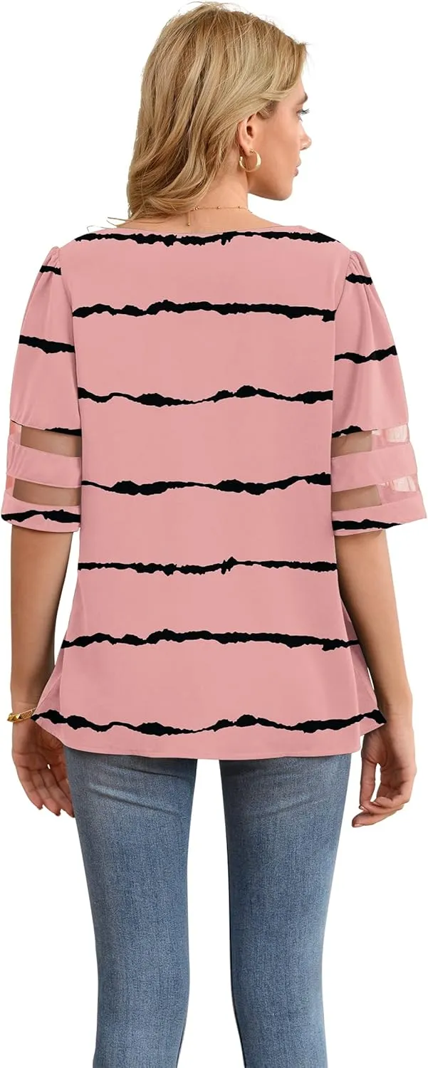 Jouica Women's V Neck Chiffon Blouse Mesh Panel Blouse 3/4 Bell Sleeve Loose Top Shirt