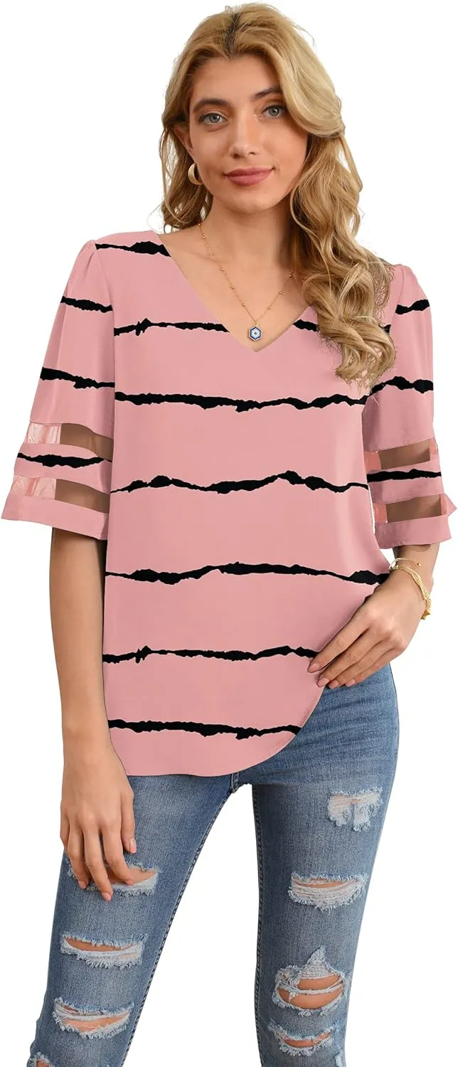Jouica Women's V Neck Chiffon Blouse Mesh Panel Blouse 3/4 Bell Sleeve Loose Top Shirt