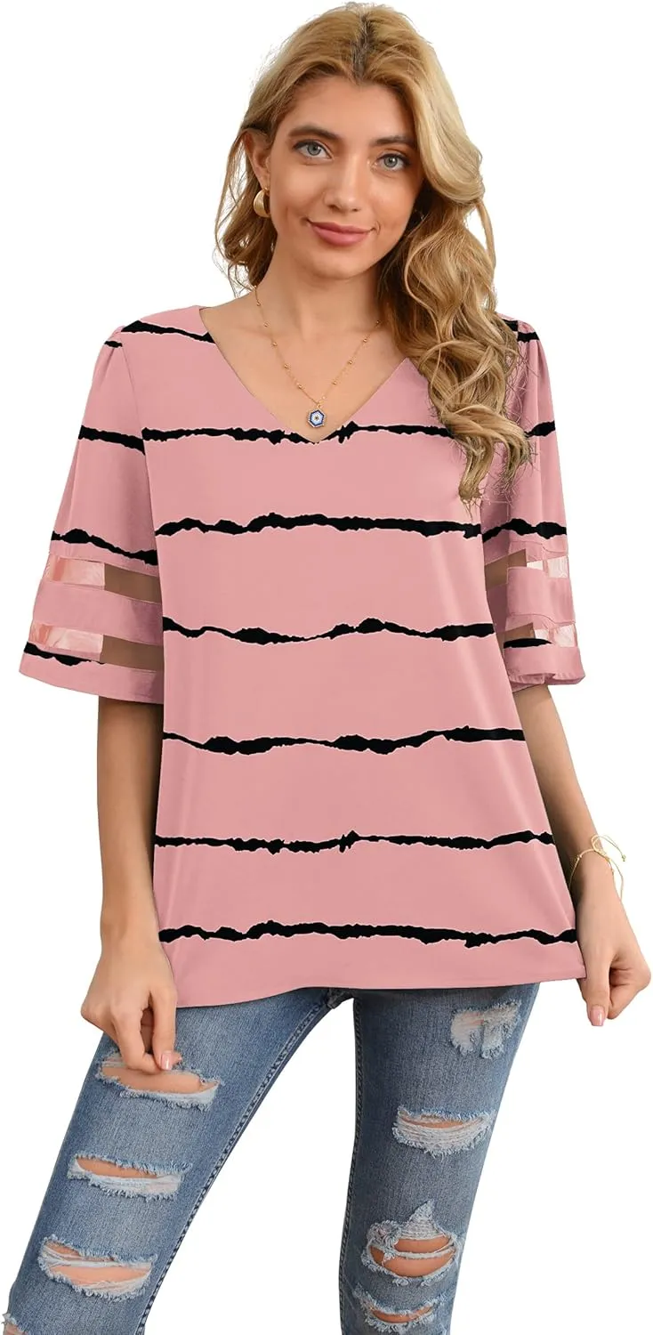 Jouica Women's V Neck Chiffon Blouse Mesh Panel Blouse 3/4 Bell Sleeve Loose Top Shirt