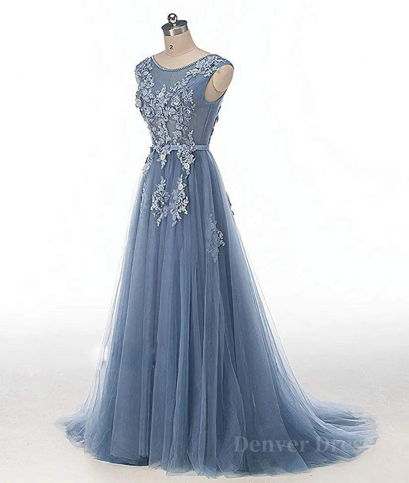 kamahe Blue round neck tulle lace applique long prom dress, blue evening dress