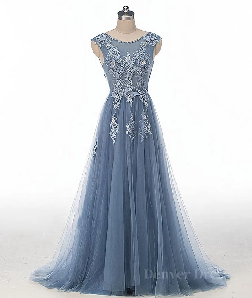 kamahe Blue round neck tulle lace applique long prom dress, blue evening dress