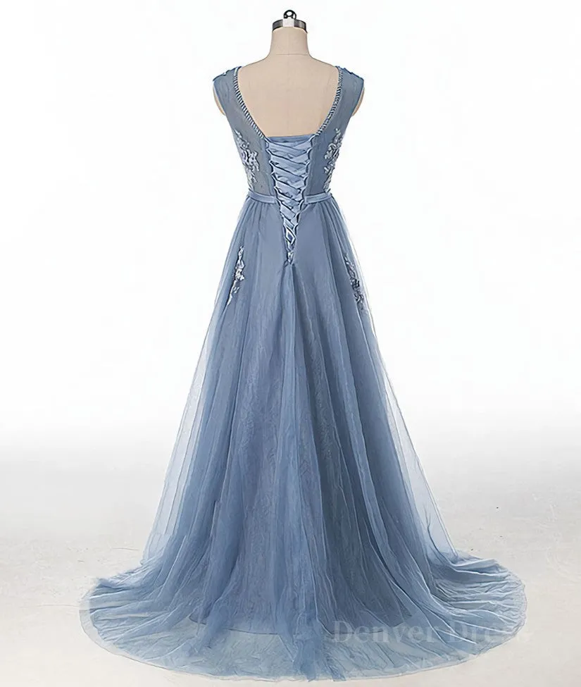 kamahe Blue round neck tulle lace applique long prom dress, blue evening dress