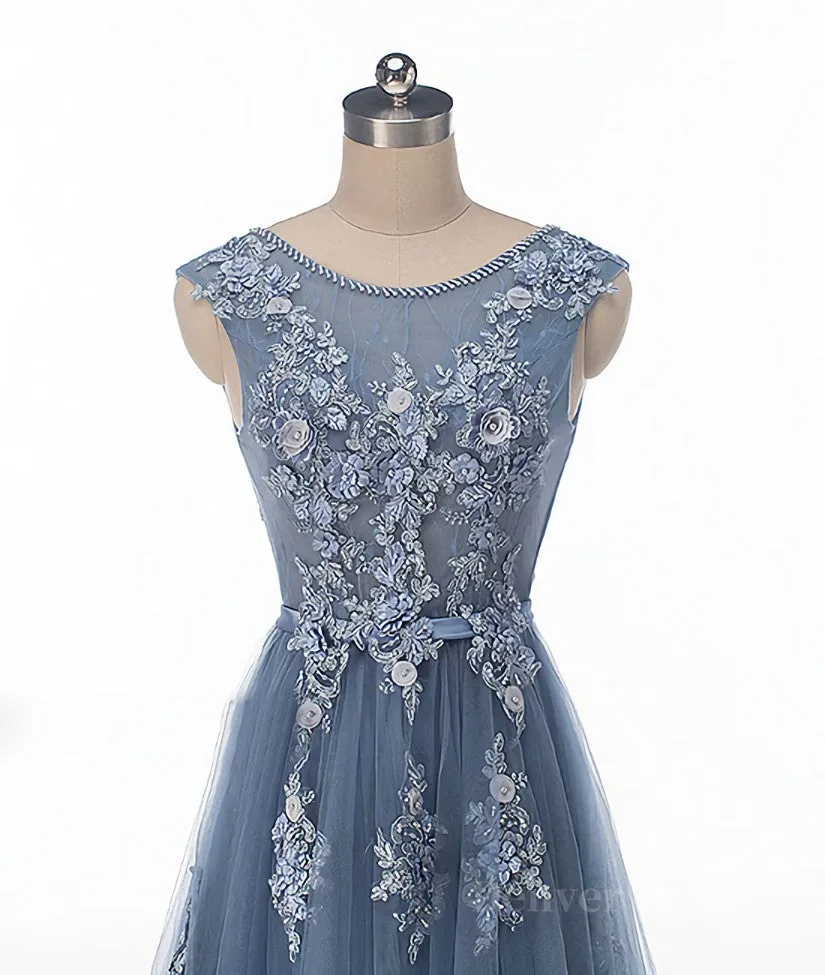 kamahe Blue round neck tulle lace applique long prom dress, blue evening dress