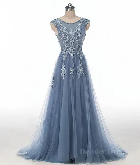 kamahe Blue round neck tulle lace applique long prom dress, blue evening dress