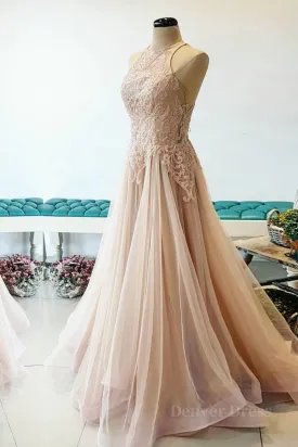 kamahe Champagne tulle lace long prom dress, champagne tulle evening dress