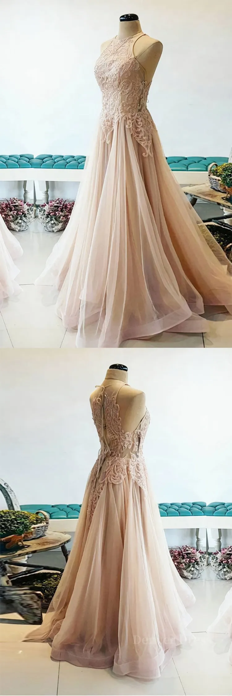 kamahe Champagne tulle lace long prom dress, champagne tulle evening dress