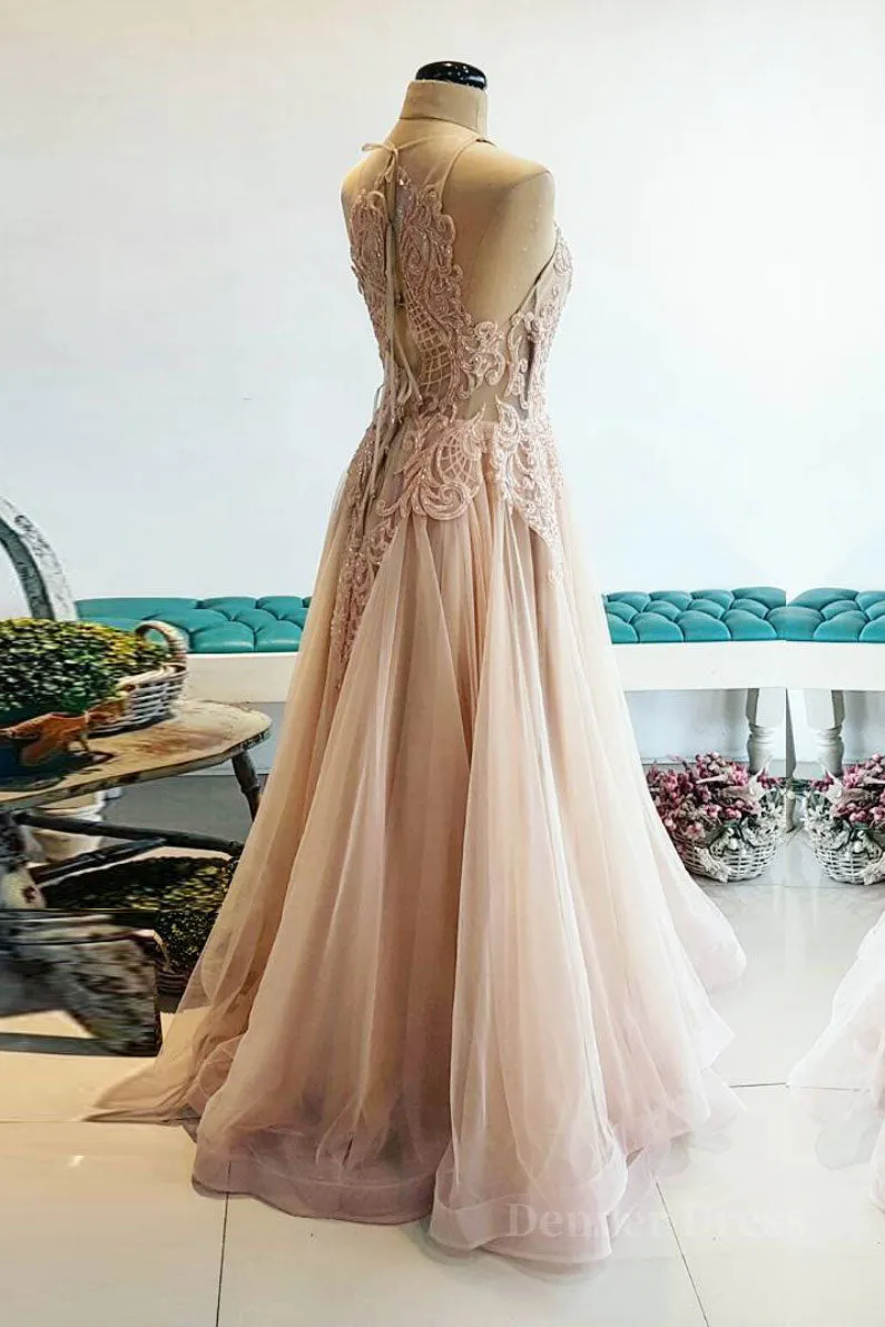 kamahe Champagne tulle lace long prom dress, champagne tulle evening dress