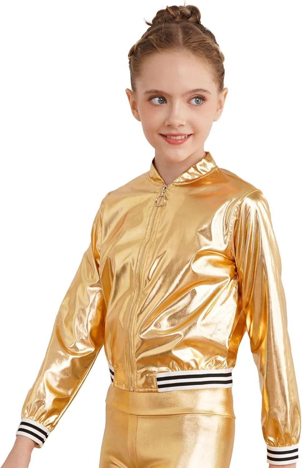 Kids Girls Holographic Halloween Party Shiny Lightweight Zipper Blazer Metallic Bomber Jacket