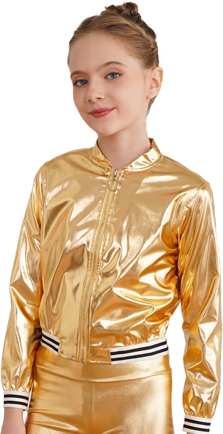 Kids Girls Holographic Halloween Party Shiny Lightweight Zipper Blazer Metallic Bomber Jacket