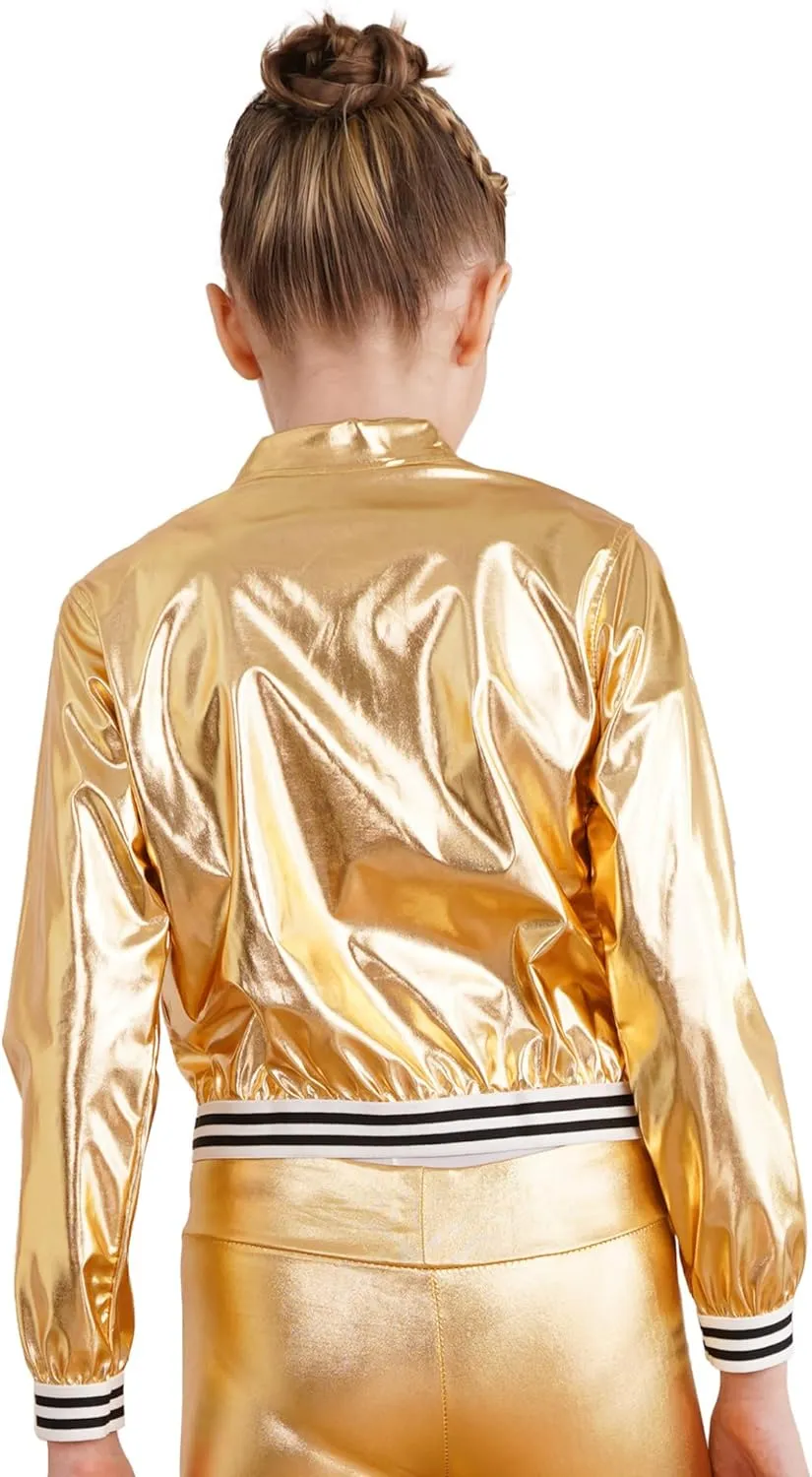 Kids Girls Holographic Halloween Party Shiny Lightweight Zipper Blazer Metallic Bomber Jacket