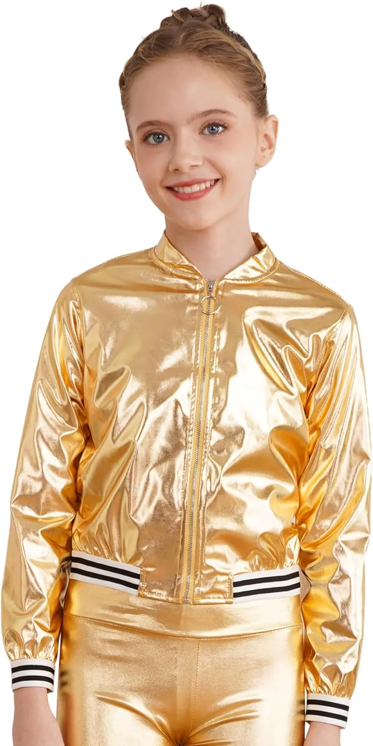 Kids Girls Holographic Halloween Party Shiny Lightweight Zipper Blazer Metallic Bomber Jacket