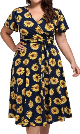 kissmay Plus Size Womens V Neck Floral Cocktail Party Midi Dresses with Pocket