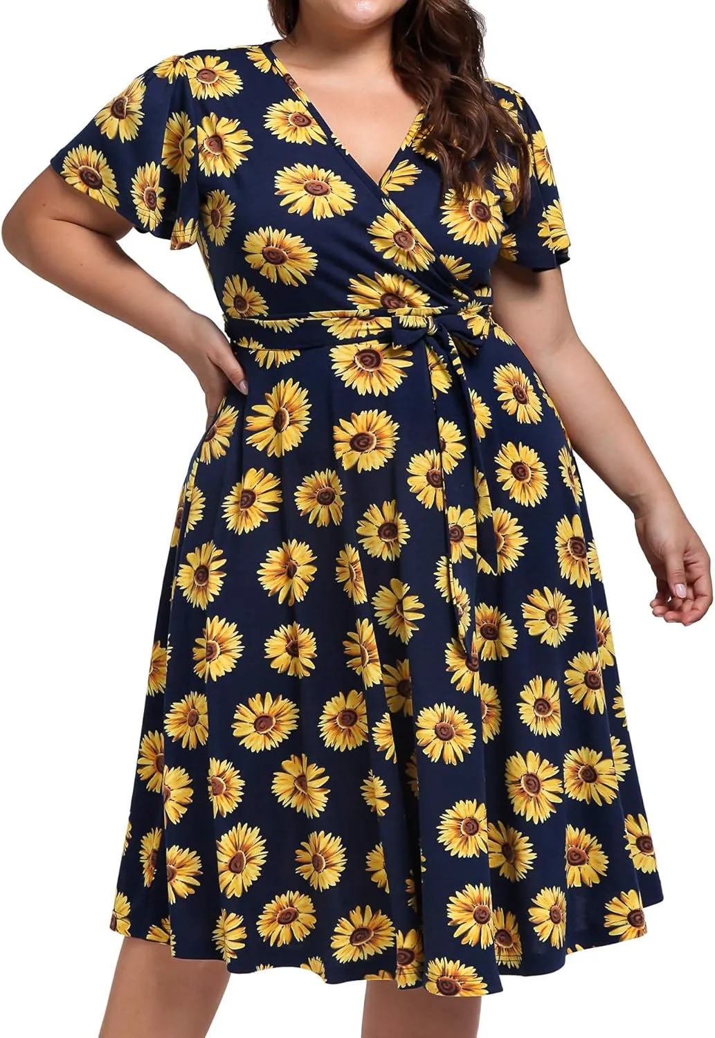 kissmay Plus Size Womens V Neck Floral Cocktail Party Midi Dresses with Pocket