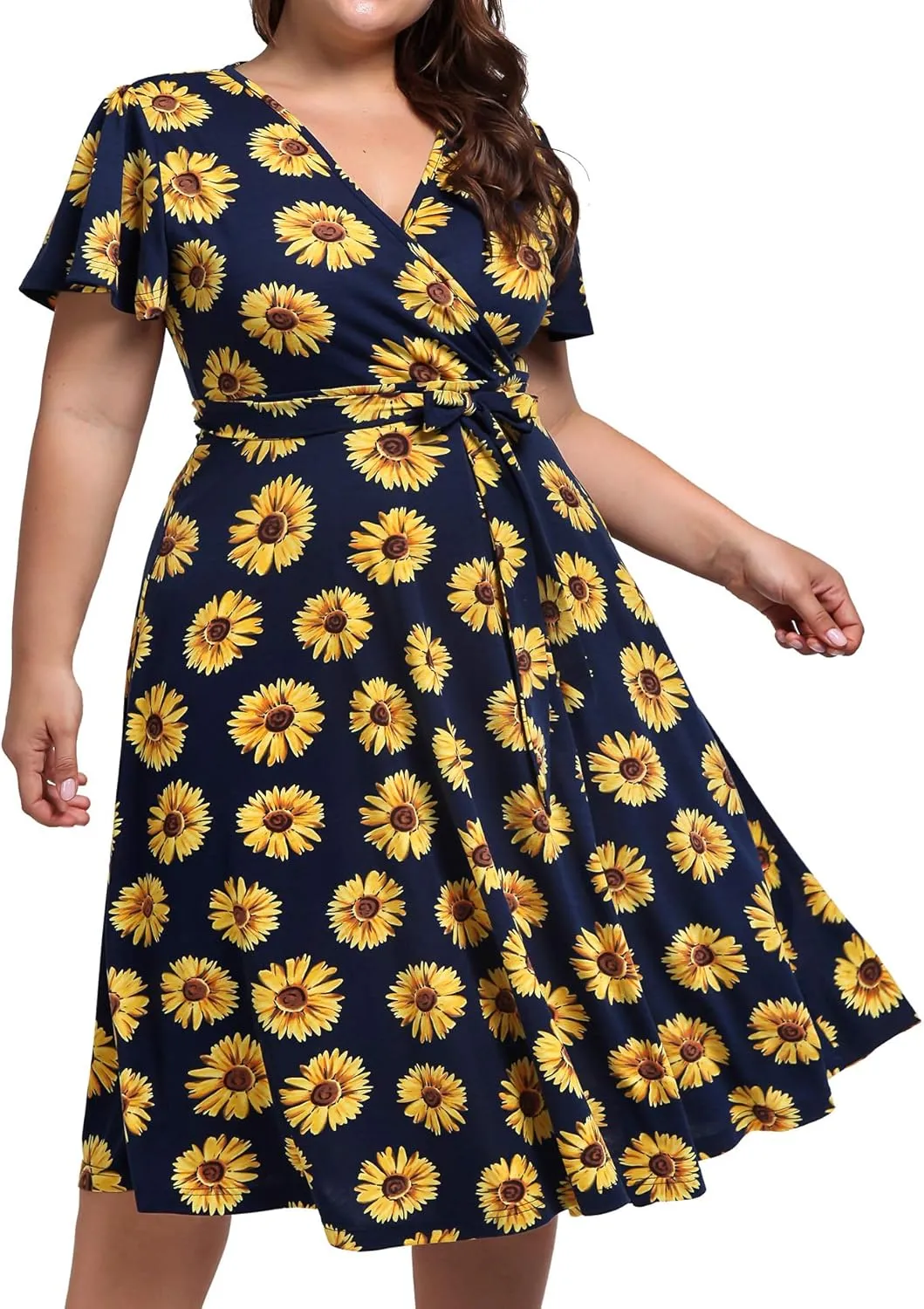 kissmay Plus Size Womens V Neck Floral Cocktail Party Midi Dresses with Pocket