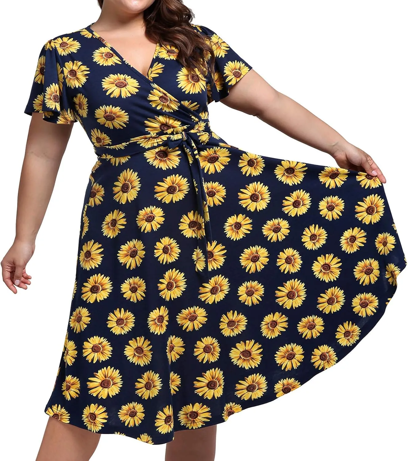 kissmay Plus Size Womens V Neck Floral Cocktail Party Midi Dresses with Pocket