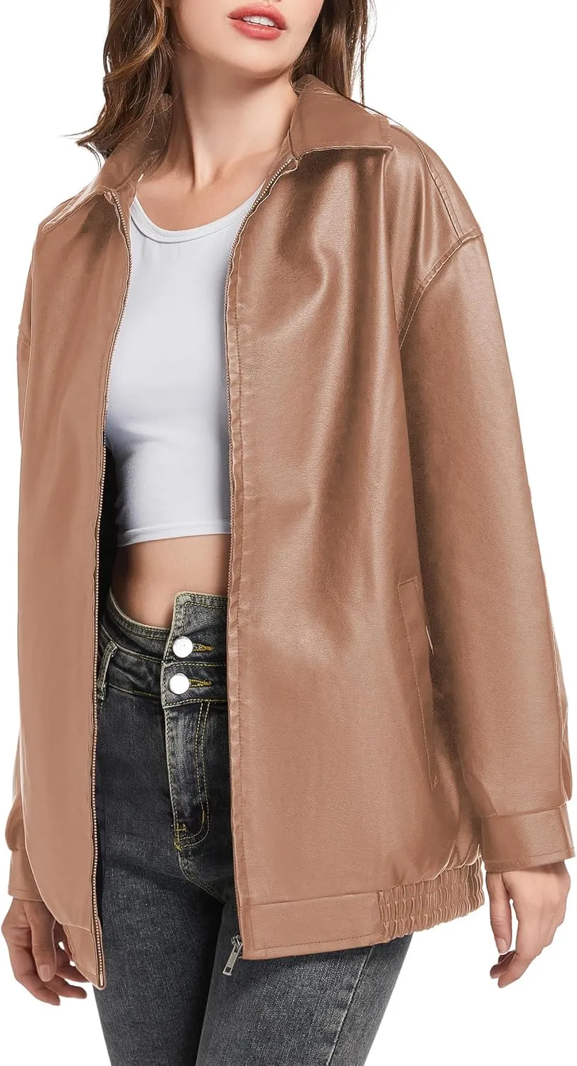 Leather Jacket Women Faux Leather Motorcycle Biker Coat Outerwear Oversized Bomber Jackets Fashion Clothes