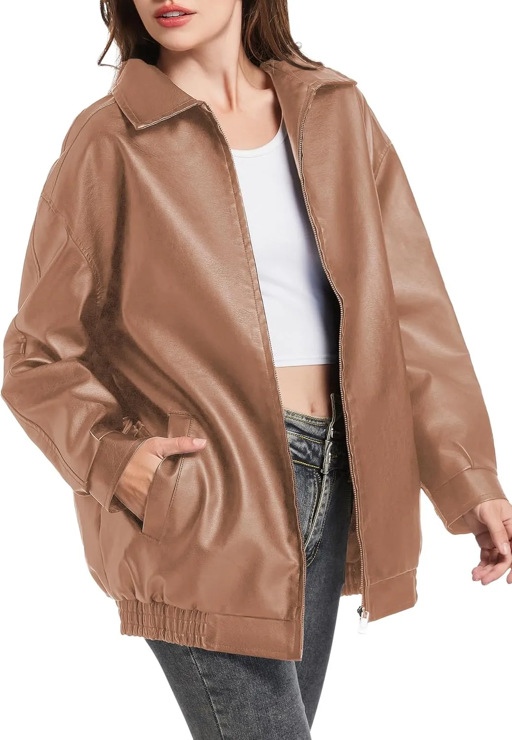 Leather Jacket Women Faux Leather Motorcycle Biker Coat Outerwear Oversized Bomber Jackets Fashion Clothes