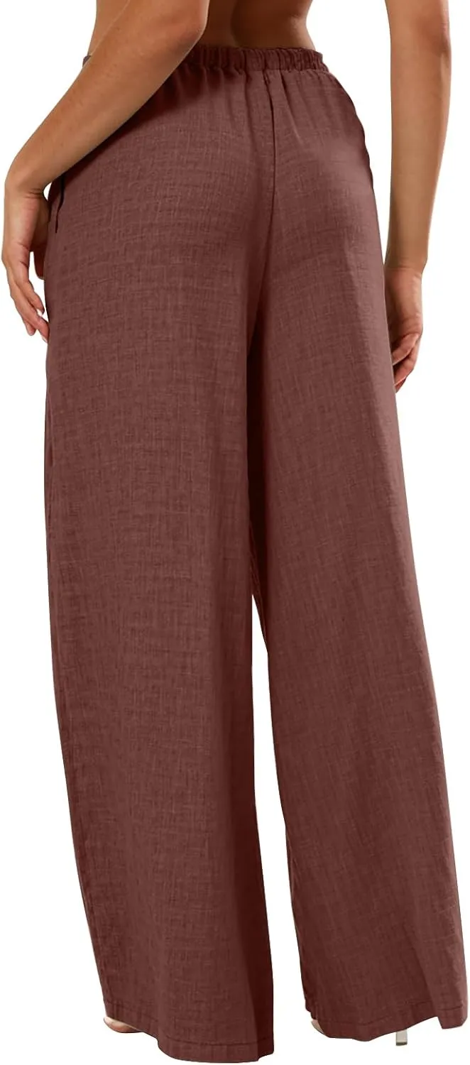 Linen Pants Women Summer Drawstring High Waisted Wide Leg Yoga Pants with Pockets Holiday Boho Beach Palazzo Pants