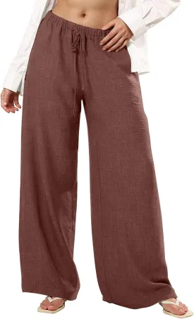 Linen Pants Women Summer Drawstring High Waisted Wide Leg Yoga Pants with Pockets Holiday Boho Beach Palazzo Pants