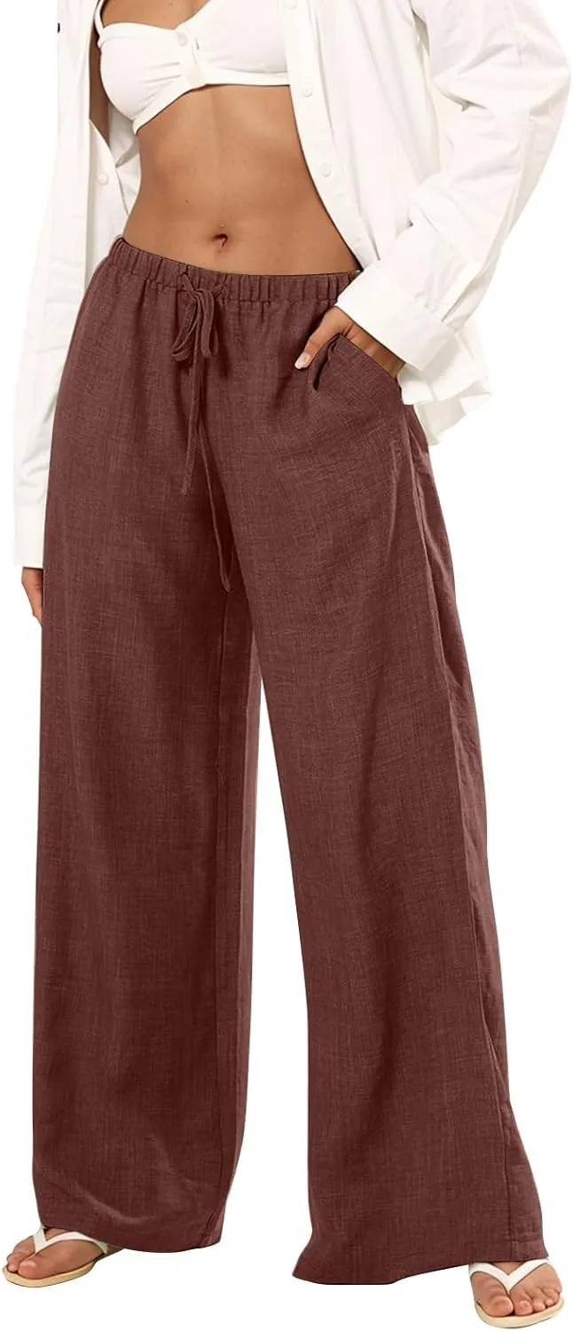 Linen Pants Women Summer Drawstring High Waisted Wide Leg Yoga Pants with Pockets Holiday Boho Beach Palazzo Pants