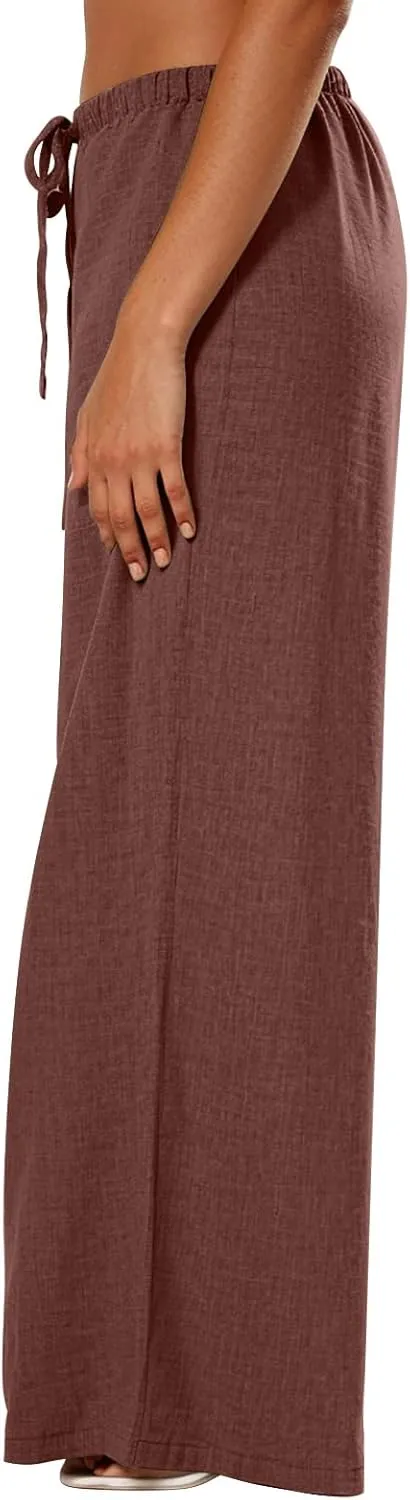 Linen Pants Women Summer Drawstring High Waisted Wide Leg Yoga Pants with Pockets Holiday Boho Beach Palazzo Pants