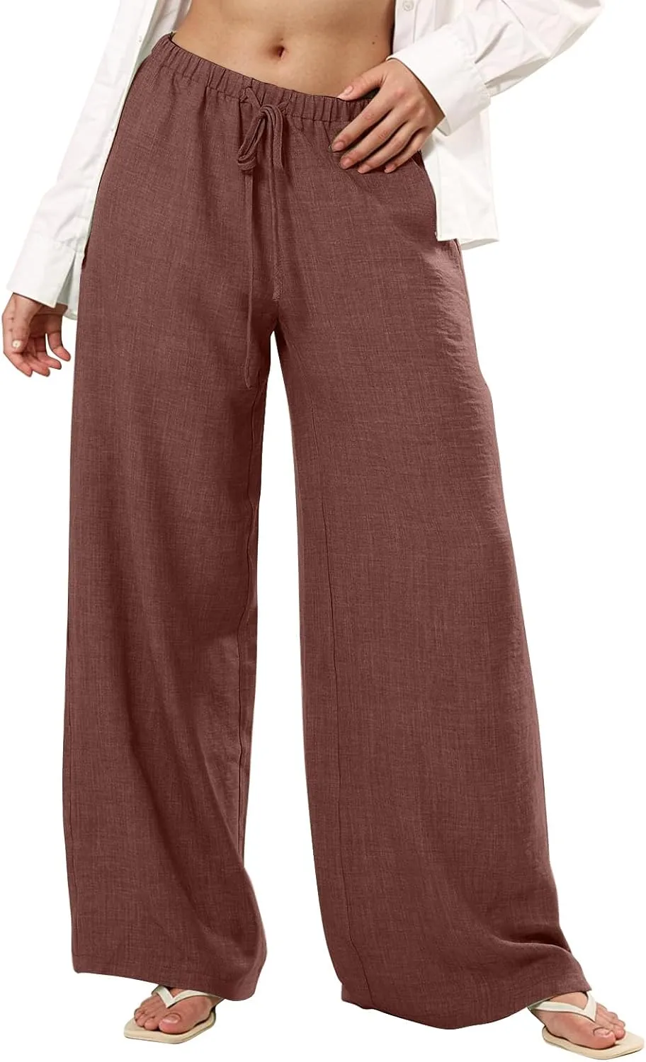 Linen Pants Women Summer Drawstring High Waisted Wide Leg Yoga Pants with Pockets Holiday Boho Beach Palazzo Pants