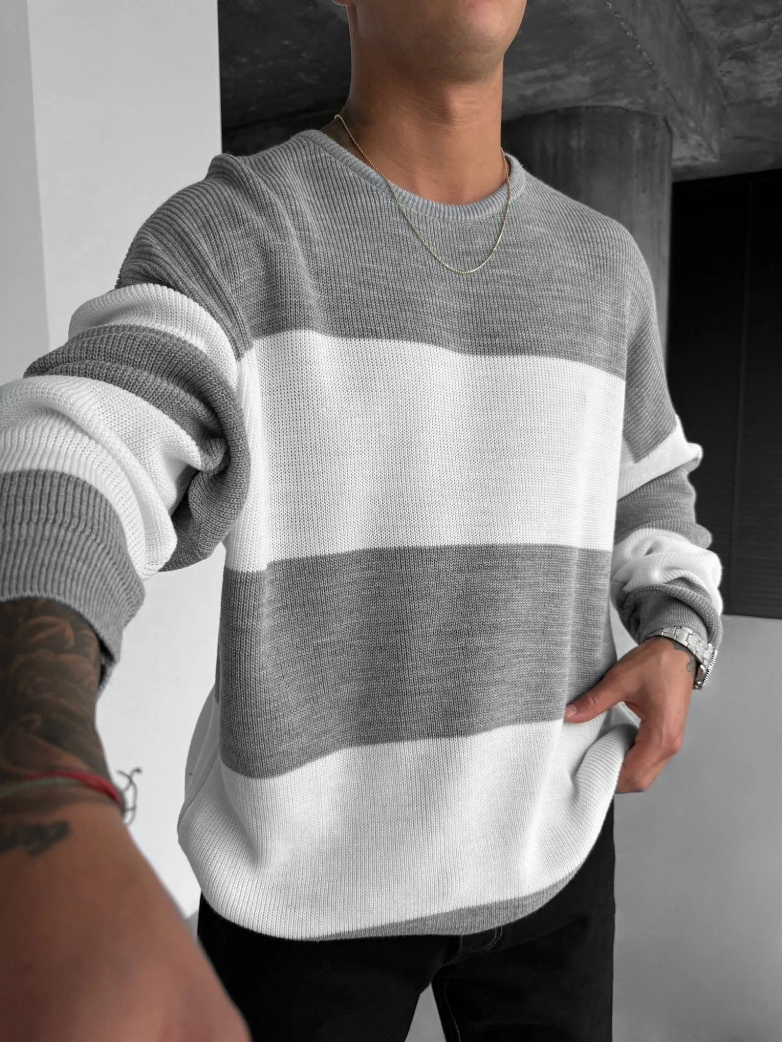 Loose Fit Strip Knit Sweater - Grey