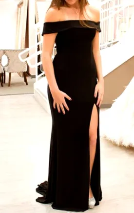 MACloth Off the Shoulder Long Prom Dress Black Jersey Formal Evening Gown