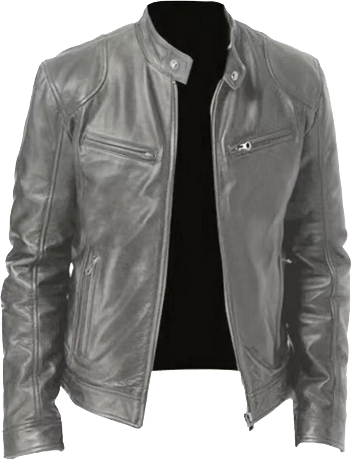 Maiyifu-GJ Leather Jackets for Men Stand Collar Slim Fit Faux Leather Motorcycle Jacket Zip-Up Biker Coat Windbreaker