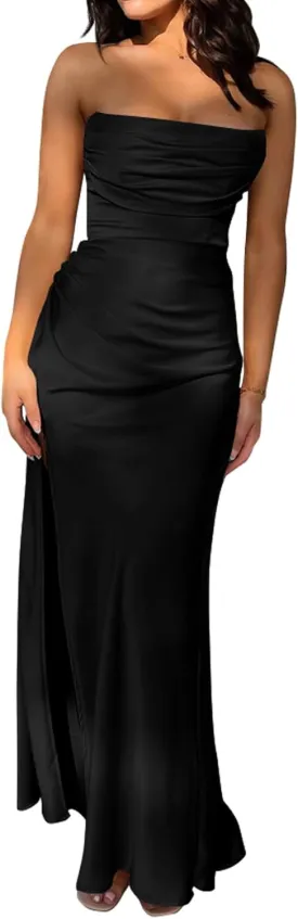 Memoriesea Women's Sexy Strapless Tube High Slit Ruched Party Cocktail Maxi Dress
