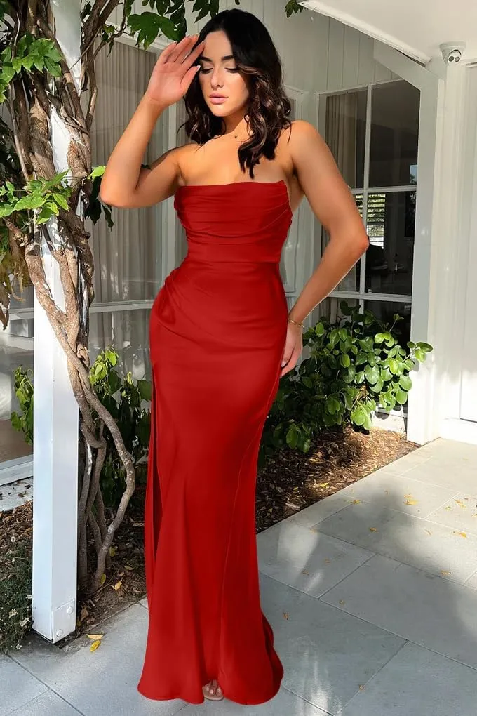 Memoriesea Women's Sexy Strapless Tube High Slit Ruched Party Cocktail Maxi Dress