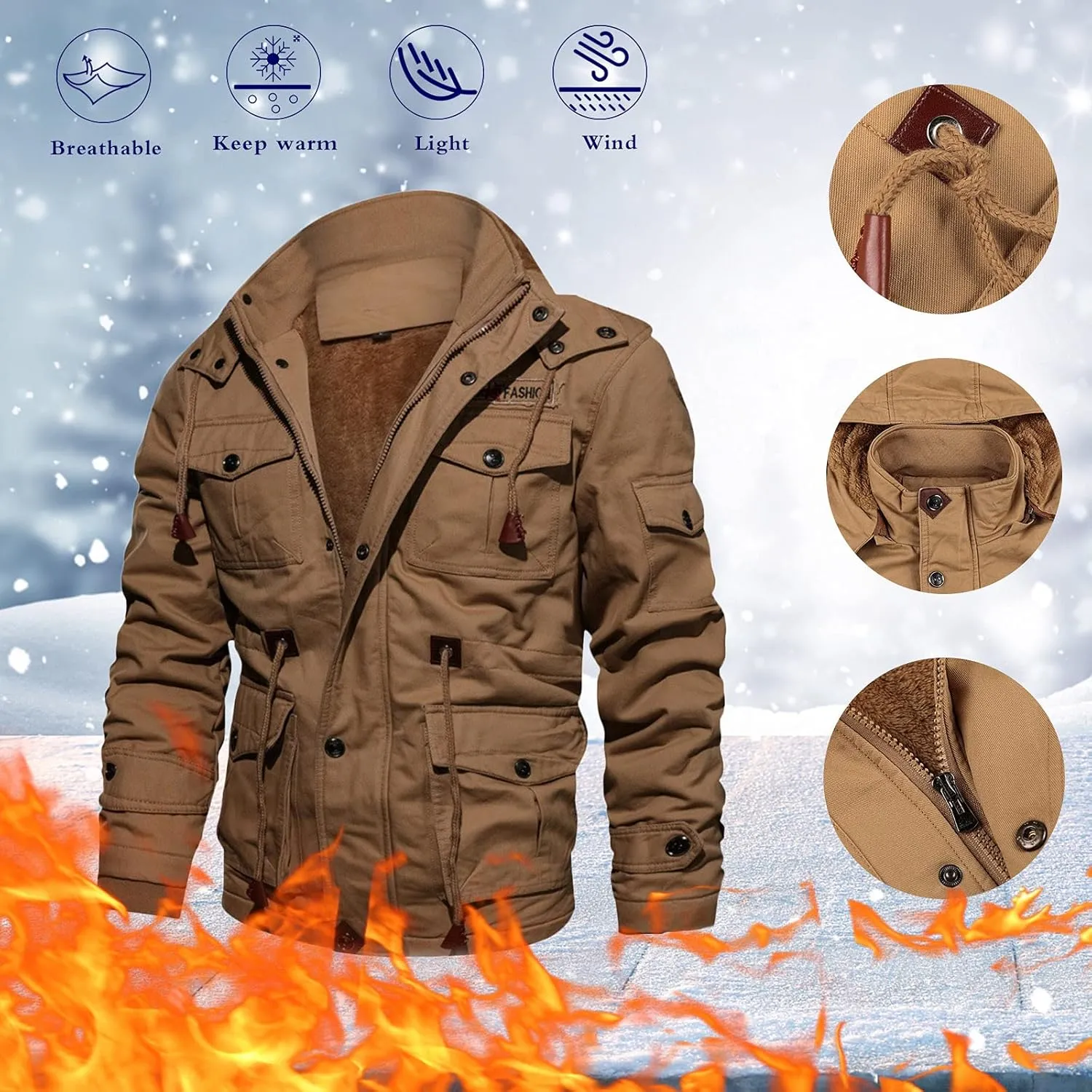Men's Lightweight Tactical Jackets Stand Collar Military Jackets Coats Thicken Cotton Linend Outwear with Pockets