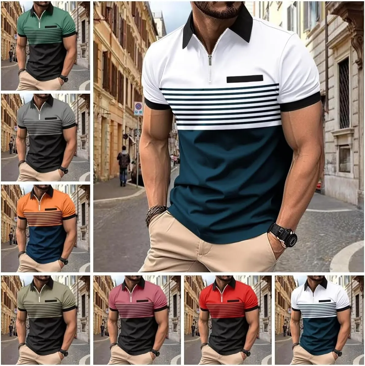 Men's Polo Shirts 2025 Short Sleeve Casual Polo T Shirt Color Block Slim Fit Golf Shirts with Pocket