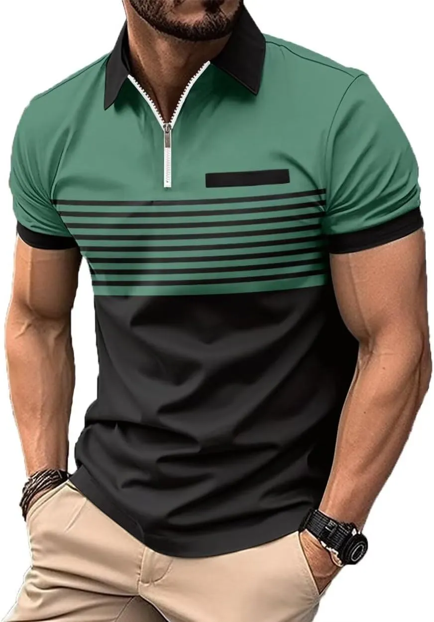 Men's Polo Shirts 2025 Short Sleeve Casual Polo T Shirt Color Block Slim Fit Golf Shirts with Pocket