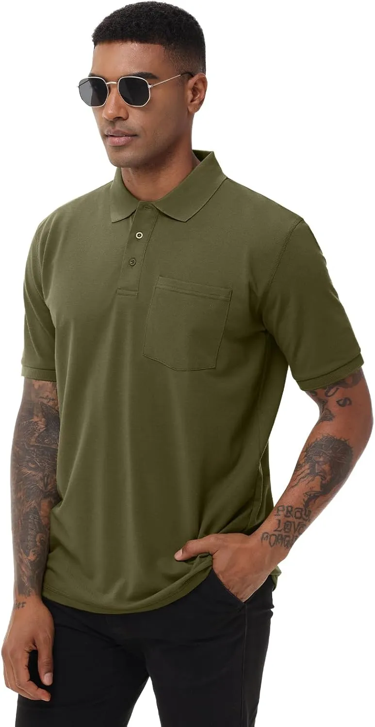 Men's Short Sleeve Polo Shirt Moisture Wicking Performance Dry Fit Golf Polo with Pocket